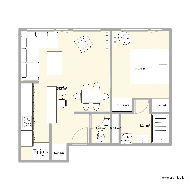 Poissonnière nouveau 1 meublé. Plan de 5 pièces et 43 m2