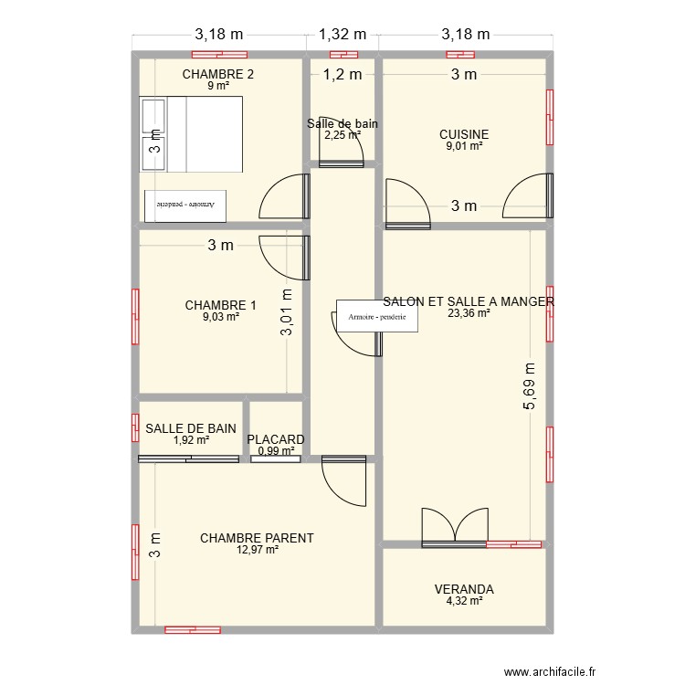 PLAN MAISON ZINO. Plan de 9 pièces et 73 m2