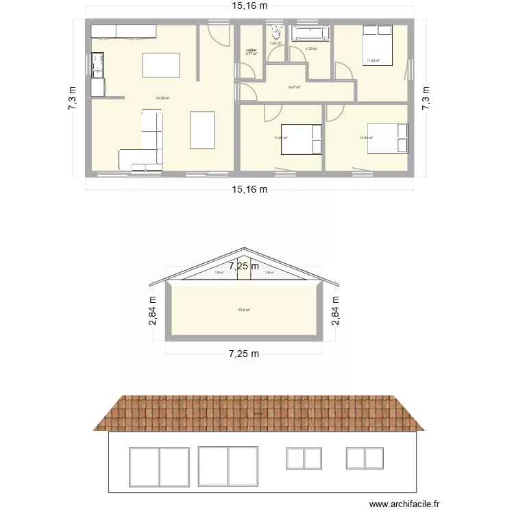 Plan maison longueur monopente. Plan de 9  et 111 m²