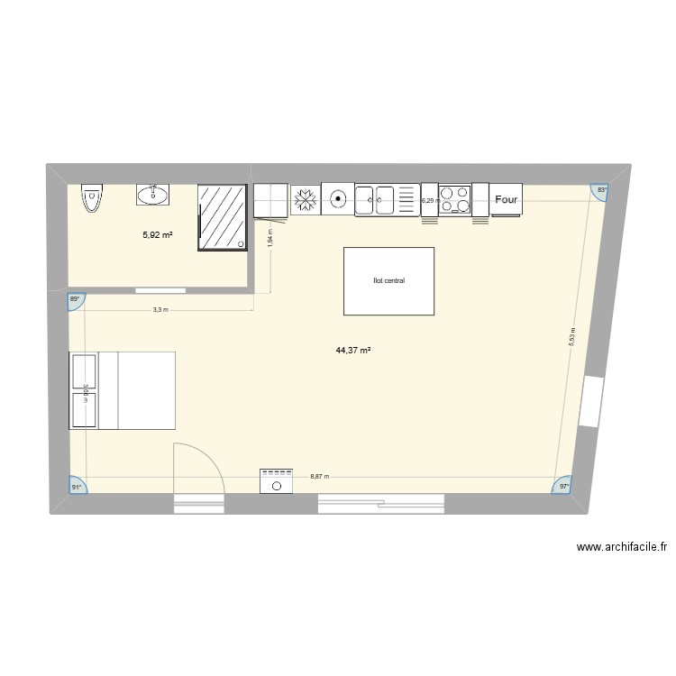 4 murs. Plan de 2 pièces et 50 m2