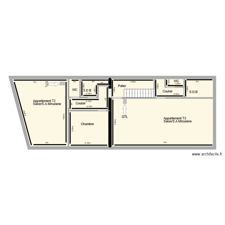 1 er étage. Plan de 9 pièces et 115 m2