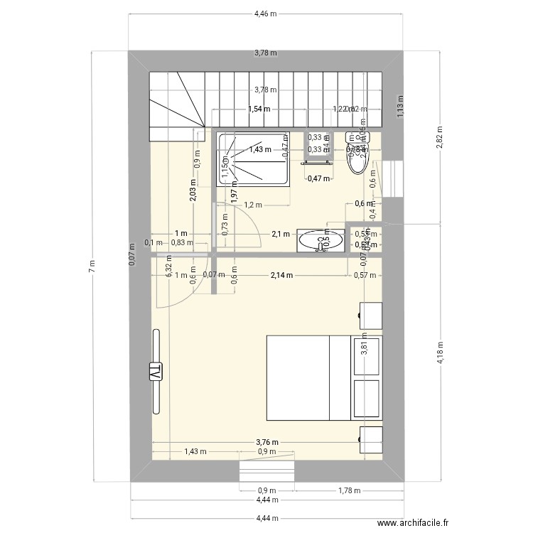 R+1 bis. Plan de 2 pièces et 23 m2