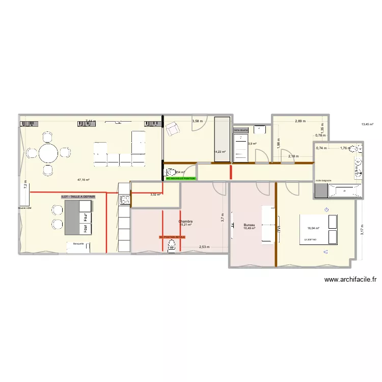Version mesures dressing. Plan de 9  et 125 m²