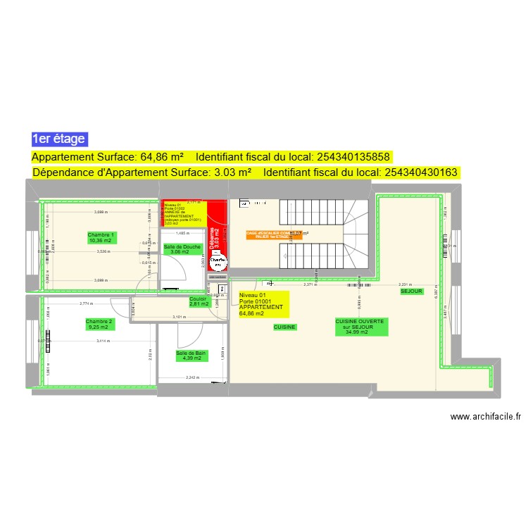 COURBET 1er ETAGE + ANNEXE. Plan de 7 pièces et 59 m2