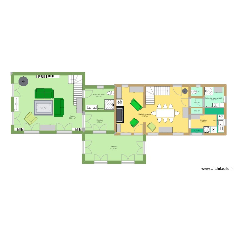 PLAN EXTENSION ET ENTREE SUR FACADES CONTOURS COULEUR. Plan de 12 pièces et 96 m2