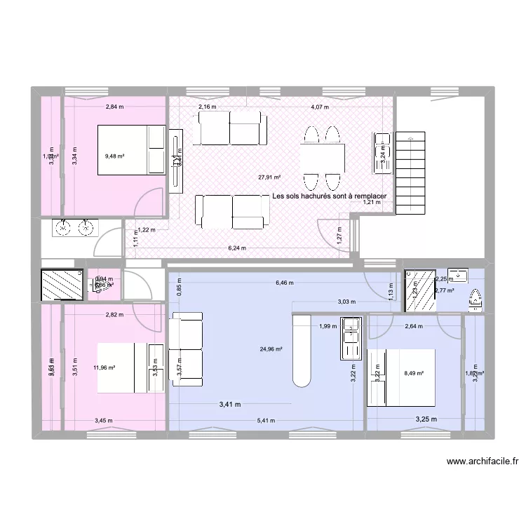 premier &eacute;tage renov V3. Plan de 9  et 90 m²