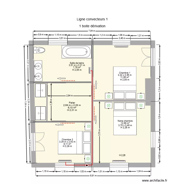 Ligne convecteurs 1. Plan de 1 pièce et 50 m²