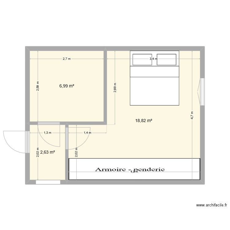 zone chambre. Plan de 3 pièces et 28 m2
