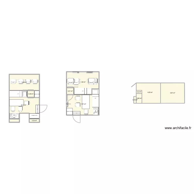 5x3,95m. Plan de 12  et 42 m²