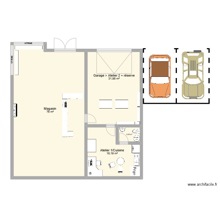 Magasin idéal. Plan de 4 pièces et 129 m2