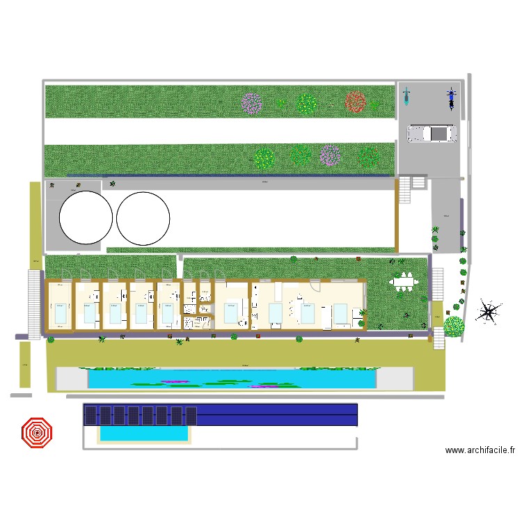 boite ossature bois 30x5m sous serre 6.5 x38m  -fenetres en toiture +isolation contre la chaleur piece technique atelier +abris pompe bassin. Plan de 11 pièces et 117 m2