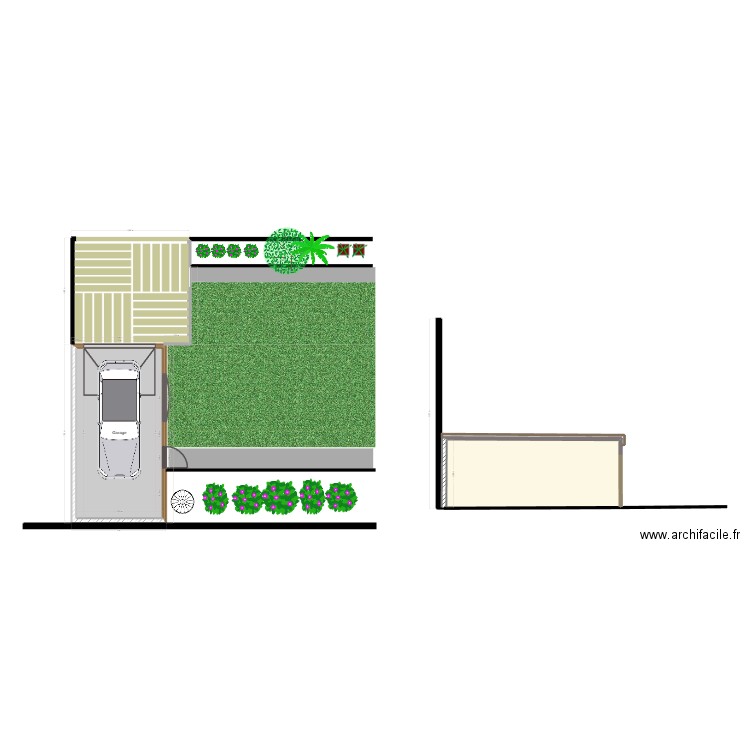 Garage Jardin. Plan de 2 pièces et 47 m2