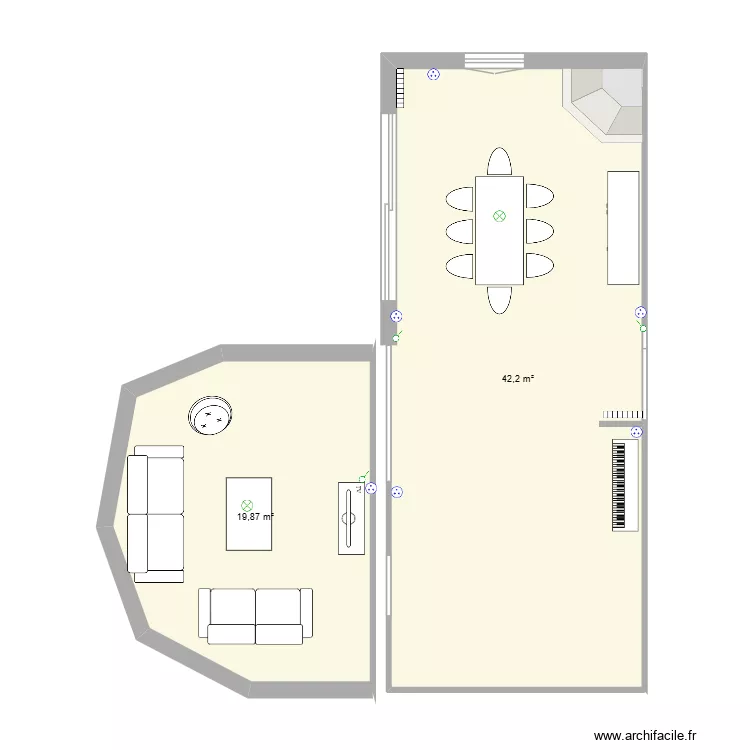 salle salon cuisine. Plan de 2  et 62 m²
