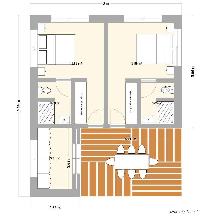 Bungalow 2 Chambres 60m2. Plan de 5 pièces et 41 m2