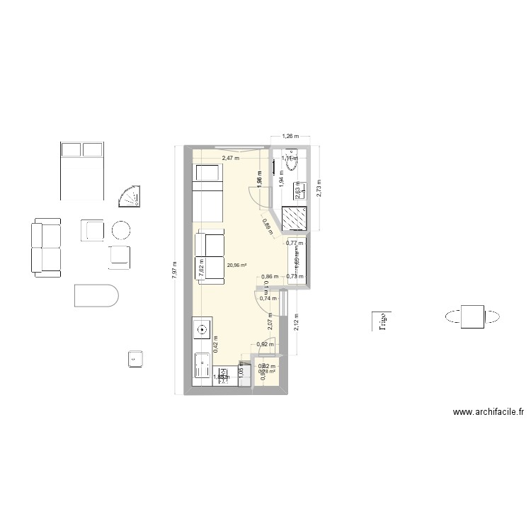 Grancamp aménagé. Plan de 2 pièces et 22 m2