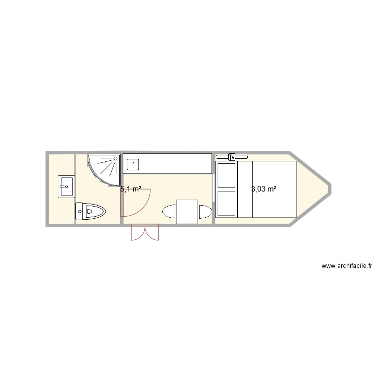 peniche v1. Plan de 2 pièces et 8 m2