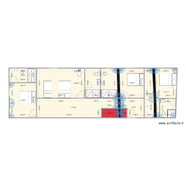 Aile ouest. Plan de 14 pièces et 100 m2
