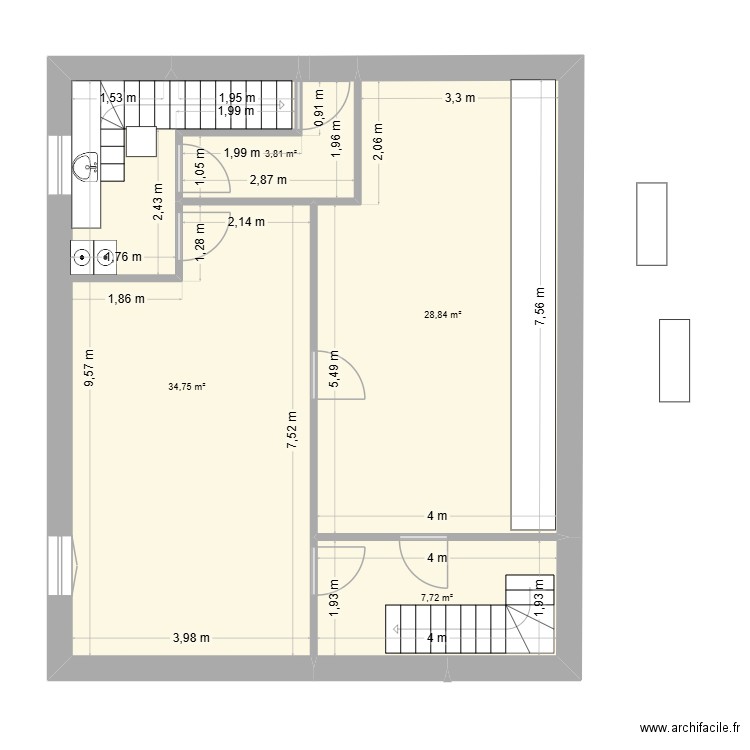 Fromagerie étage. Plan de 4 pièces et 75 m2