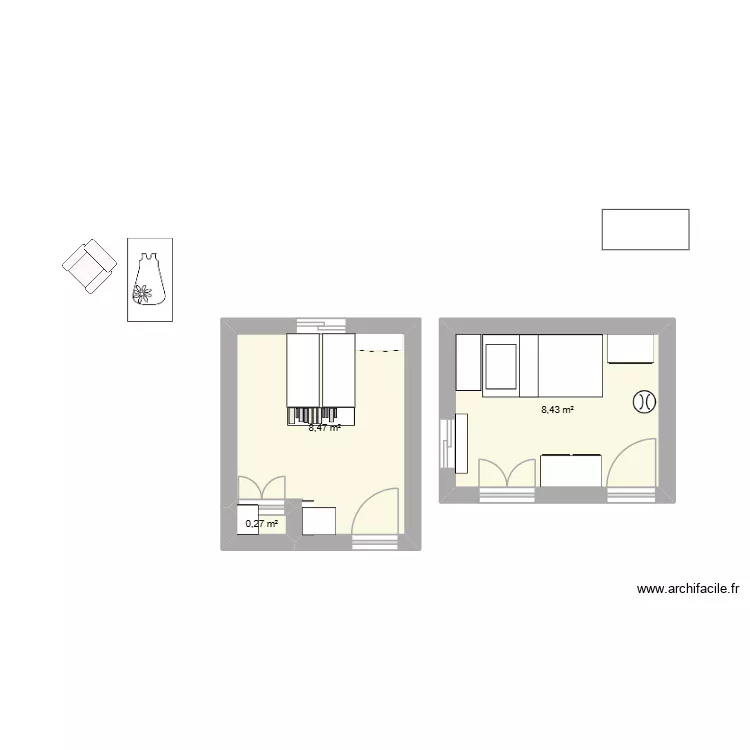Chambres. Plan de 3  et 17 m²