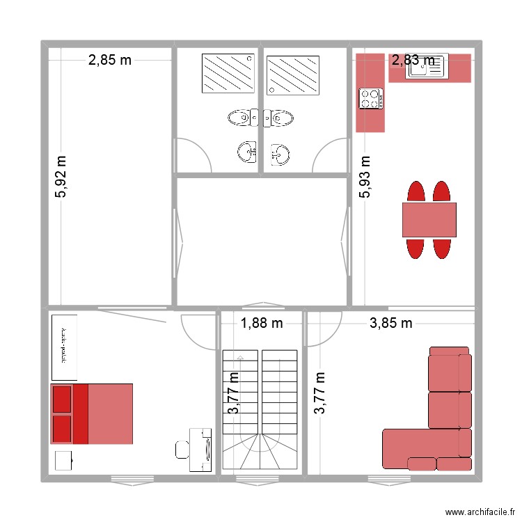 1er étage. Plan de 6 pièces et 66 m2