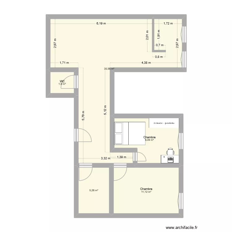 chambre location. Plan de 5 pièces et 63 m²