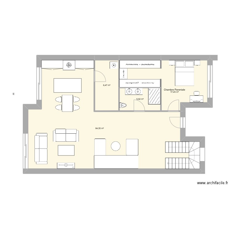 RDC-1. Plan de 4 pièces et 93 m2