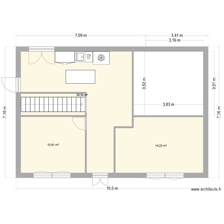 HAUTERIVE. Plan de 3 pièces et 52 m2