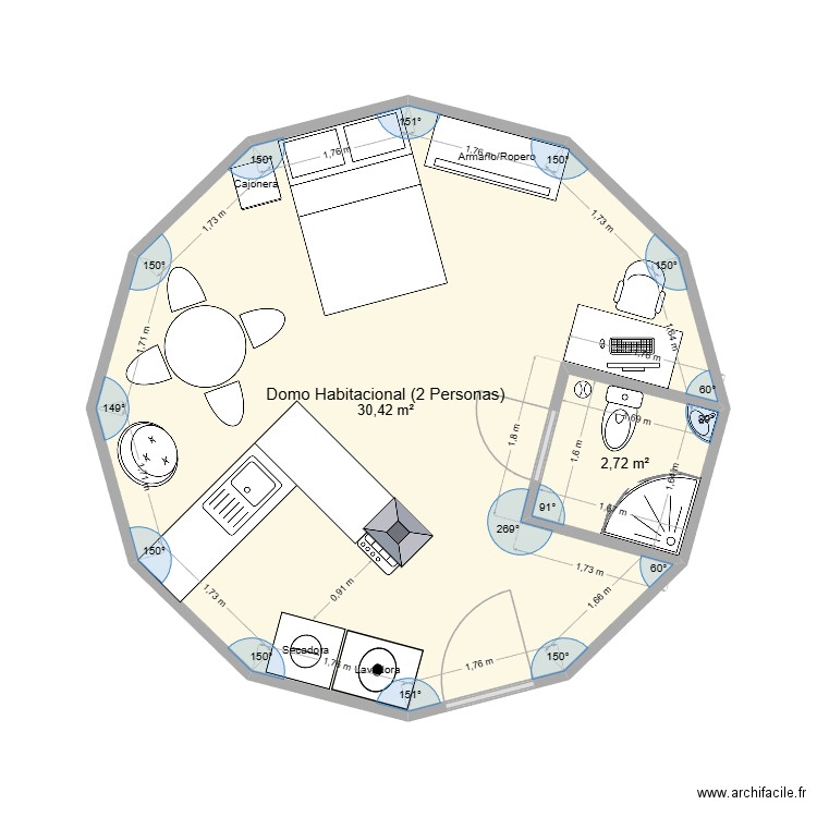 Domo Habitacional (2 Personas). Plan de 2 pièces et 33 m2