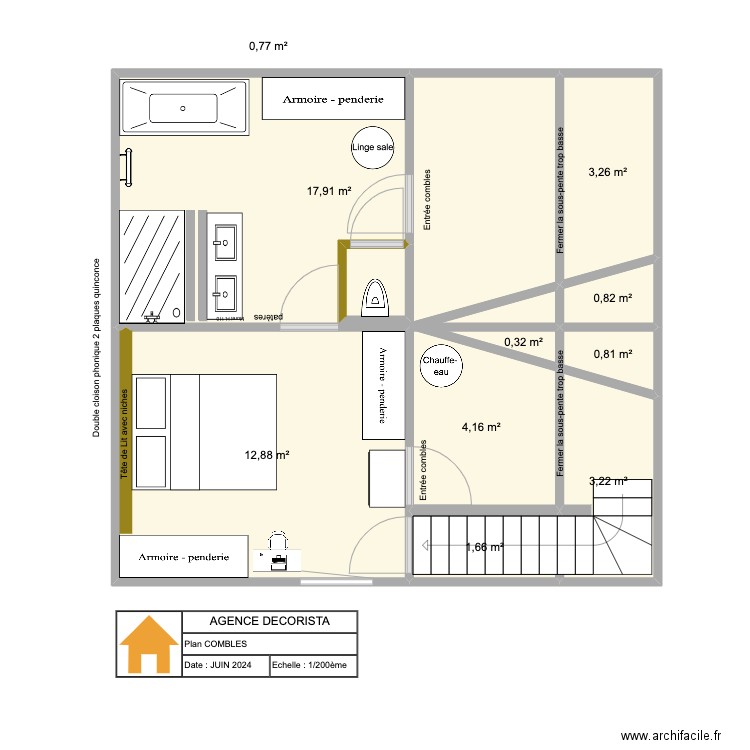 Sainte Anne - Combles. Plan de 10 pièces et 46 m2