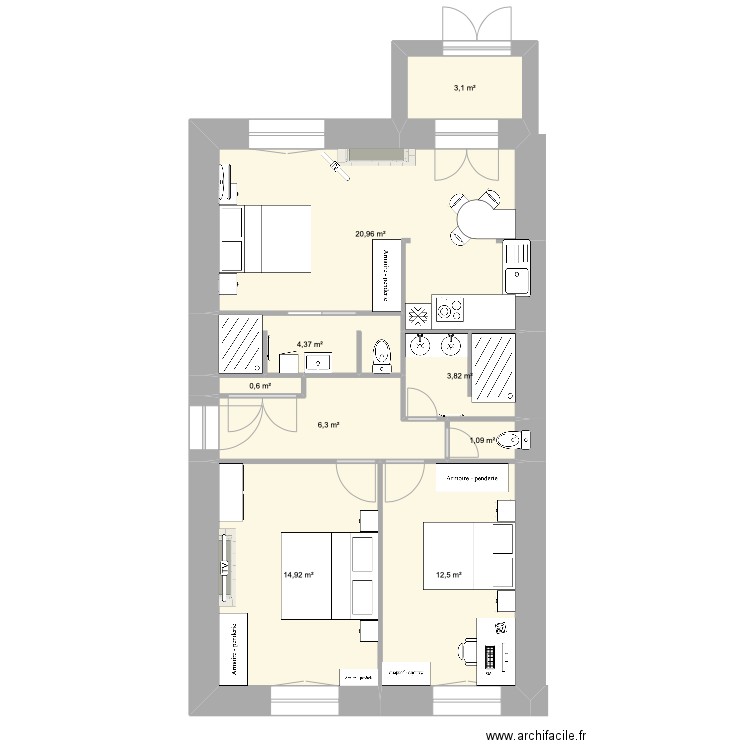Appartement modifier bis. Plan de 9 pièces et 68 m2