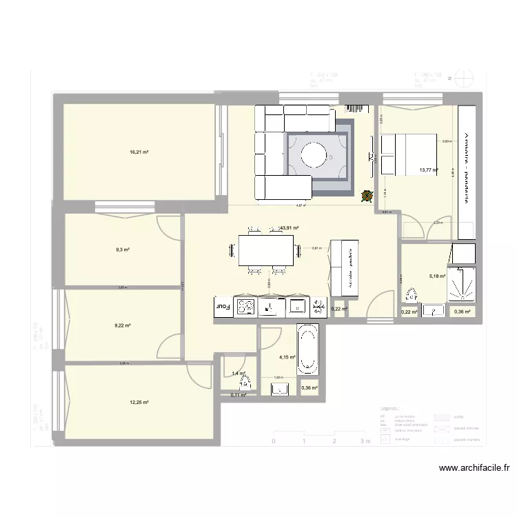 Plan de Base L+G meubl&eacute;7 grand canap&eacute;. Plan de 14  et 117 m²