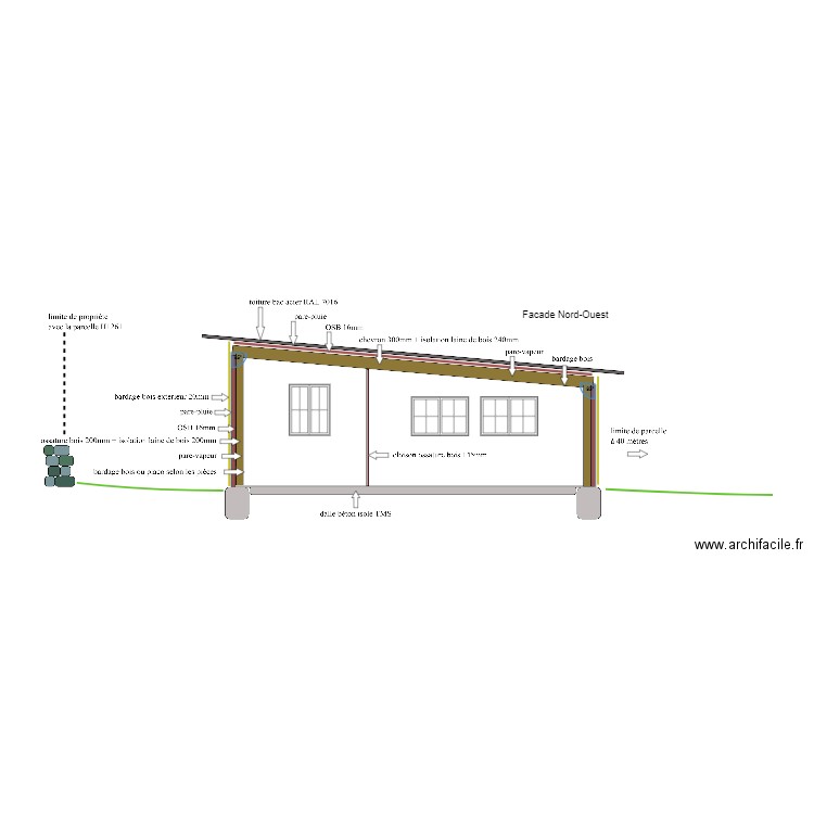 Façade nord-ouest plan facade. Plan de 1 pièce et 26 m2