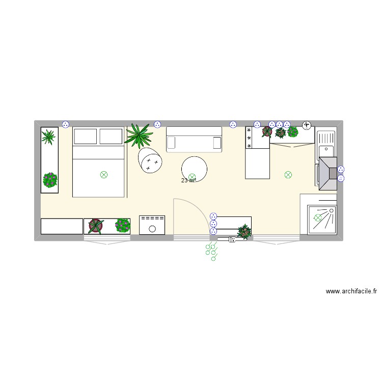 Bungalow 3x8 élec/plomb. Plan de 1 pièce et 23 m2