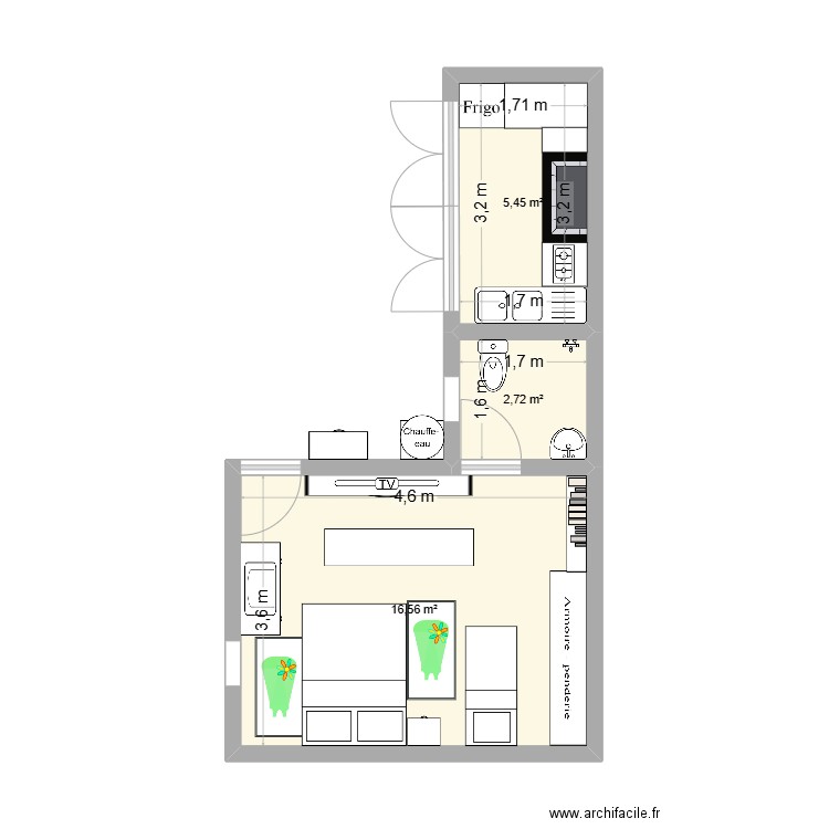 Studio. Plan de 3 pièces et 25 m2
