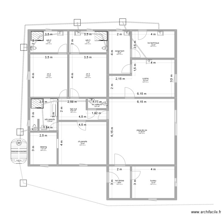 pl3. Plan de 15 pièces et 176 m2