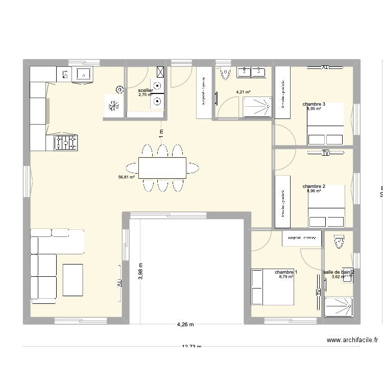 maison  en u  petite SOSO. Plan de 7 pièces et 94 m2