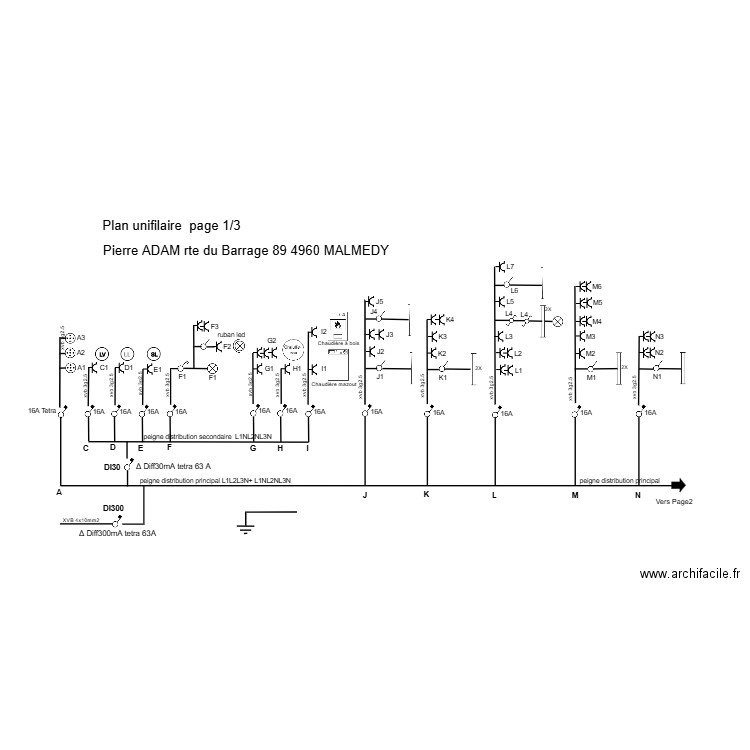 2025016 Maison Romain ADAM Plan electrique unifilaire P2/3. Plan de 0 pièce et 0 m2