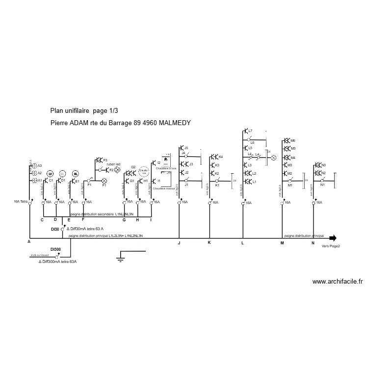 2025016 Maison Romain ADAM Plan electrique unifilaire P2/3. Plan de 