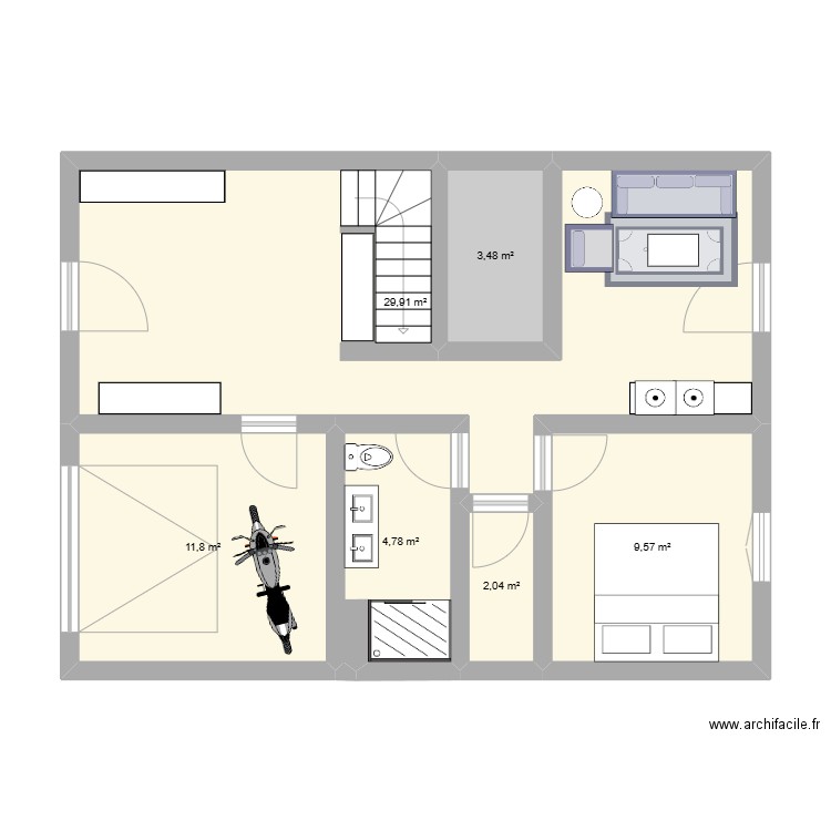 RDC maison. Plan de 6 pièces et 62 m2