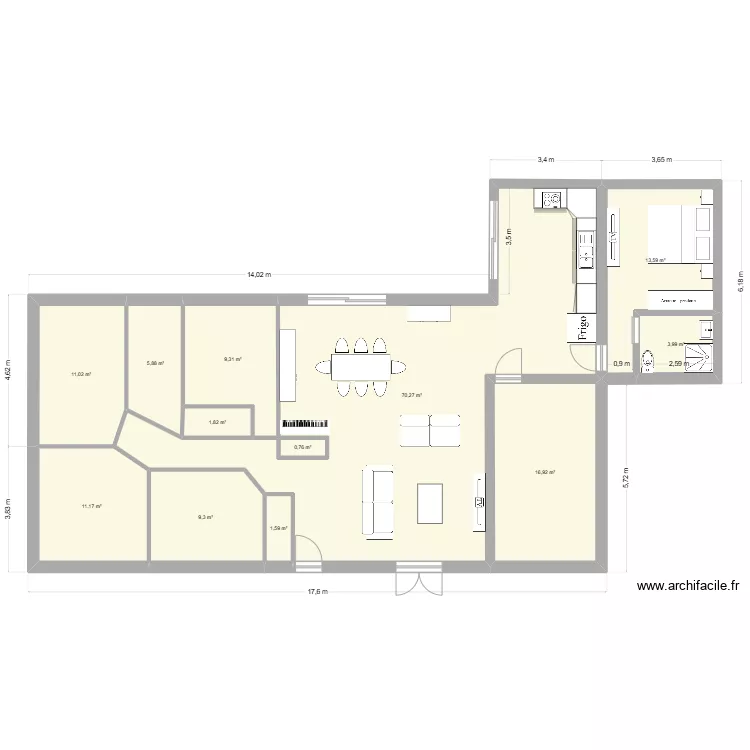 plan maison + extension cuisine vers le jardin. Plan de 
