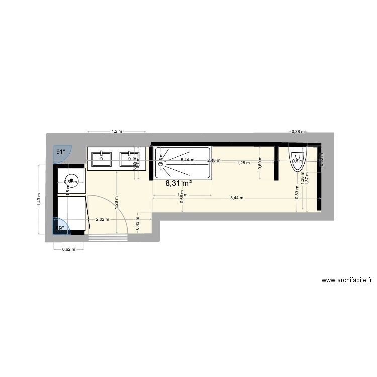 SDB étage. Plan de 1 pièce et 8 m2