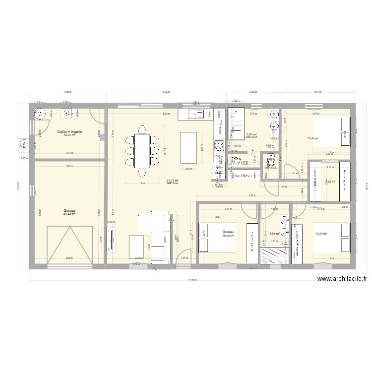 MAISON PLAIN PIED 130 M2 RECTANGLE 3 CHAMBRES 2SB V2. Plan de 10 pièces et 132 m2