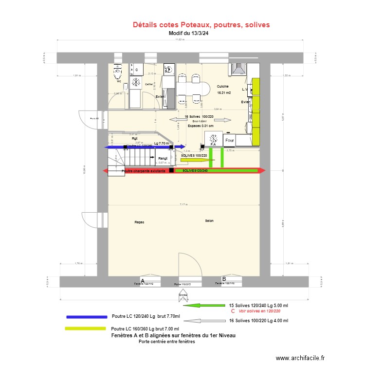 °Cotes, poteaux, poutres, solives MODIF 13/3/24. Plan de 5 pièces et 69 m2