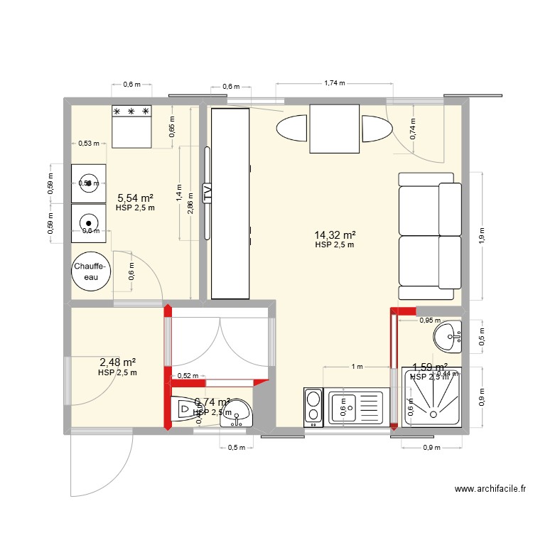 Studio 1. Plan de 5 pièces et 25 m2