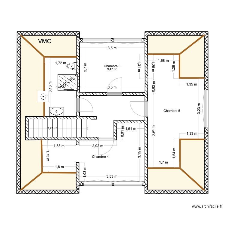 maison 2. Plan de 13 pièces et 73 m2