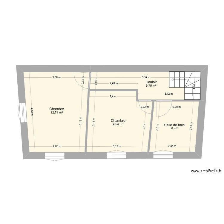 1er étage actuel. Plan de 4 pièces et 35 m2