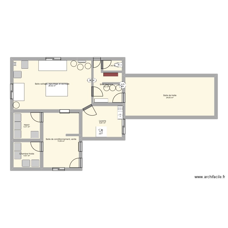Fromagerie. Plan de 8 pièces et 92 m2