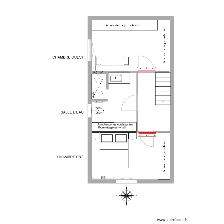 ETAGE AMENAGEMENT avec dressing. Plan de 4 pièces et 38 m2