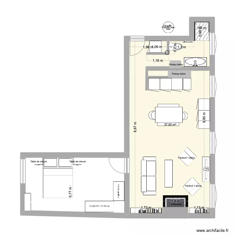 Plan cot&eacute; Theo test sans meuble plomberie. Plan de 1  et 37 m²