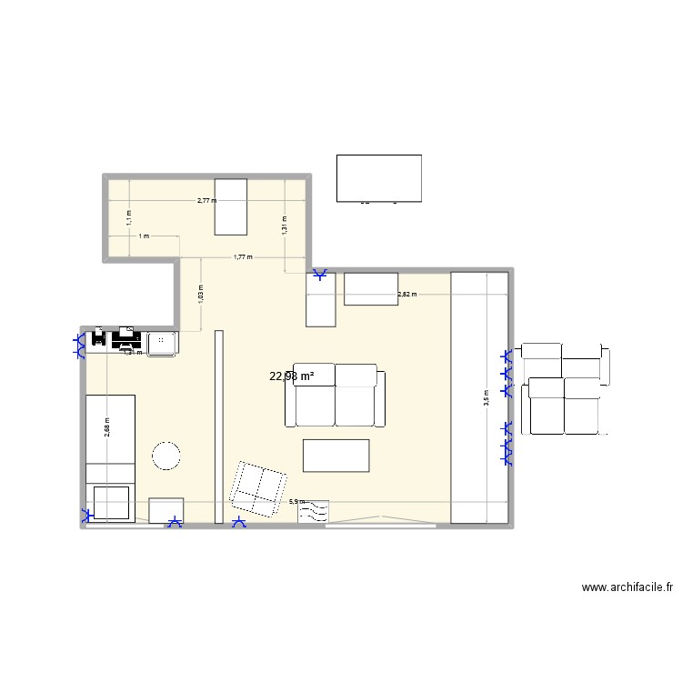 C’est la mierda. Plan de 1 pièce et 23 m2